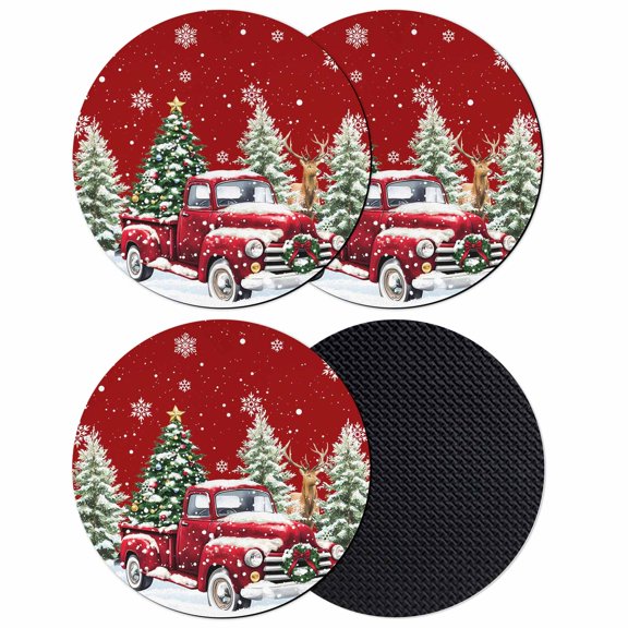 Christmas Coasters Set of 4, Absorbent Coasters for Drinks, Red Truck Xmas Tree Winter Snowflakes Elk Coaster for Desk Coffee Table Protection, Home Decor House Warming Gifts 4"