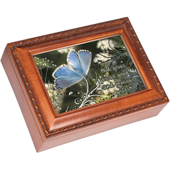 God Gives Good Gifts Woodgrain Rope Trim Jewelry Music Box Plays Wind Beneath My Wings