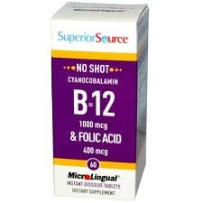 Superior Source No Shot Vitamin B12 Cyanocobalamin (1000 mcg), Folic Acid (400 mcg), Quick Dissolve Sublingual Tablets, 60 Ct