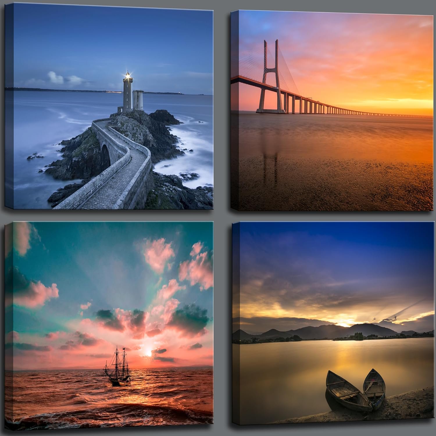 Sunset Coastal Canvas Wall Art Large Beach Nature Landscape Pictures Bridge Artwork Poster Prints Lighthouse Painting wall decor for Bedroom Living Room Office Decoration