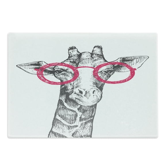Funny Cutting Board, Hipster Animal Retro Fashion Round Glasses Summer Time Love Hand Drawn Style, Decorative Tempered Glass Cutting and Serving Board, Large Size, White Pink, by Ambesonne