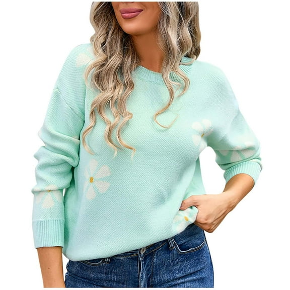 gakvbuo Christmas Sweater for Women Pullover Sweater With Bow Print Round Neck Long Sleeve Solid Color Blouses Ribbed Knitted Sweater