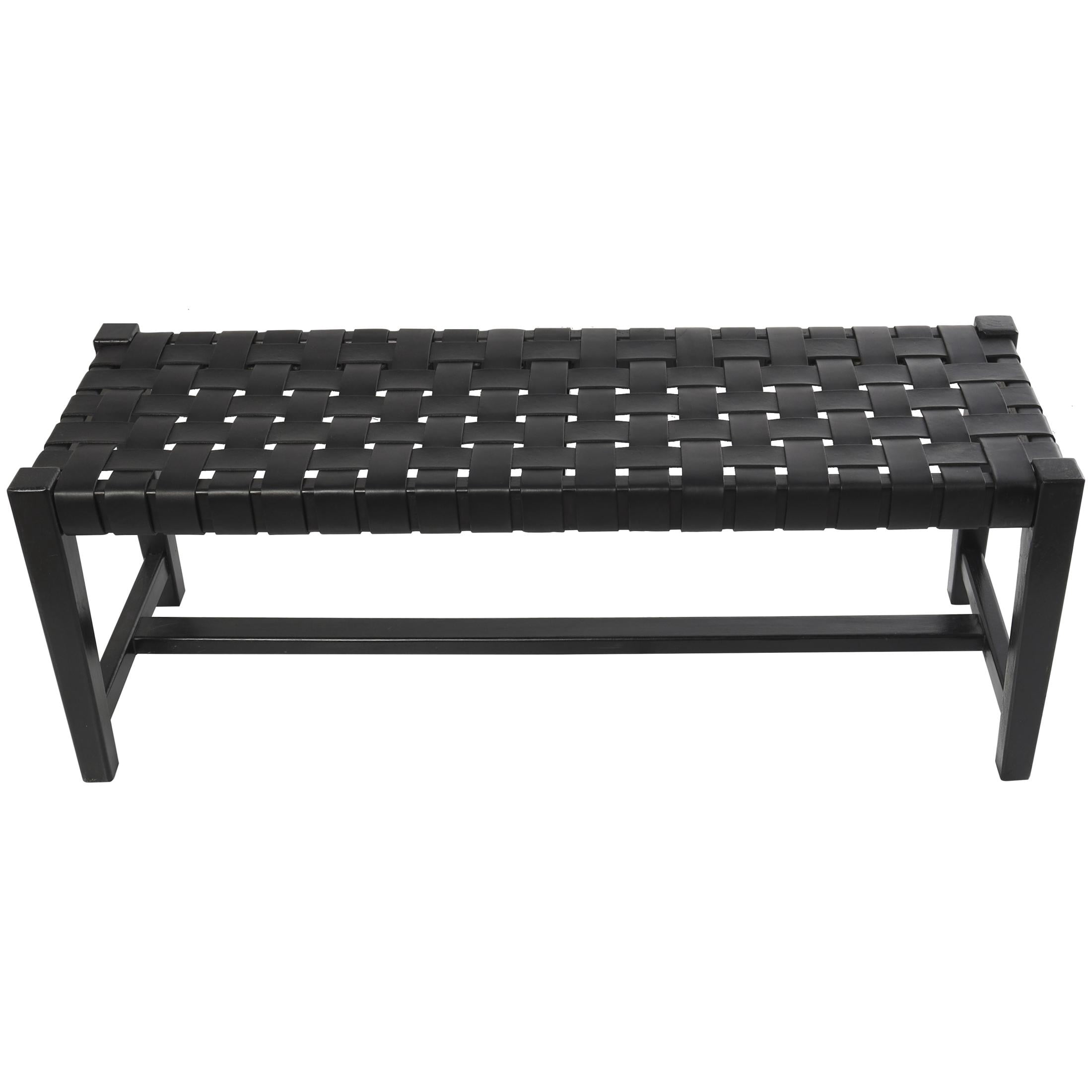 DecMode Leather Handmade Woven Bench with Teak Wood Frame, Black