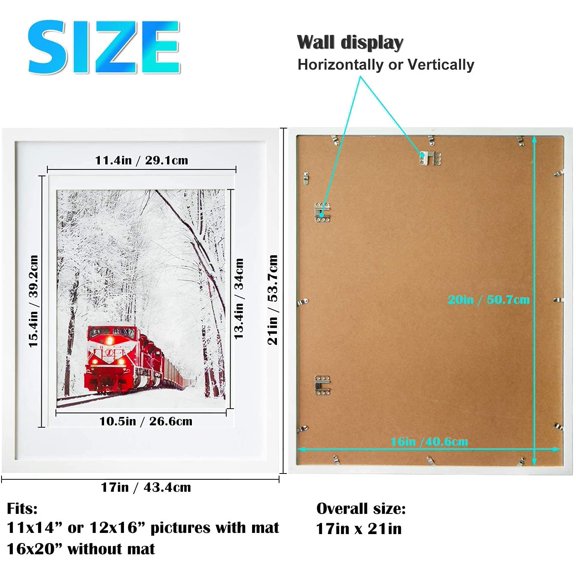 16x20 Solid Wood Poster Frame Set of 2 with Mats, White Acrylic for Wall Display