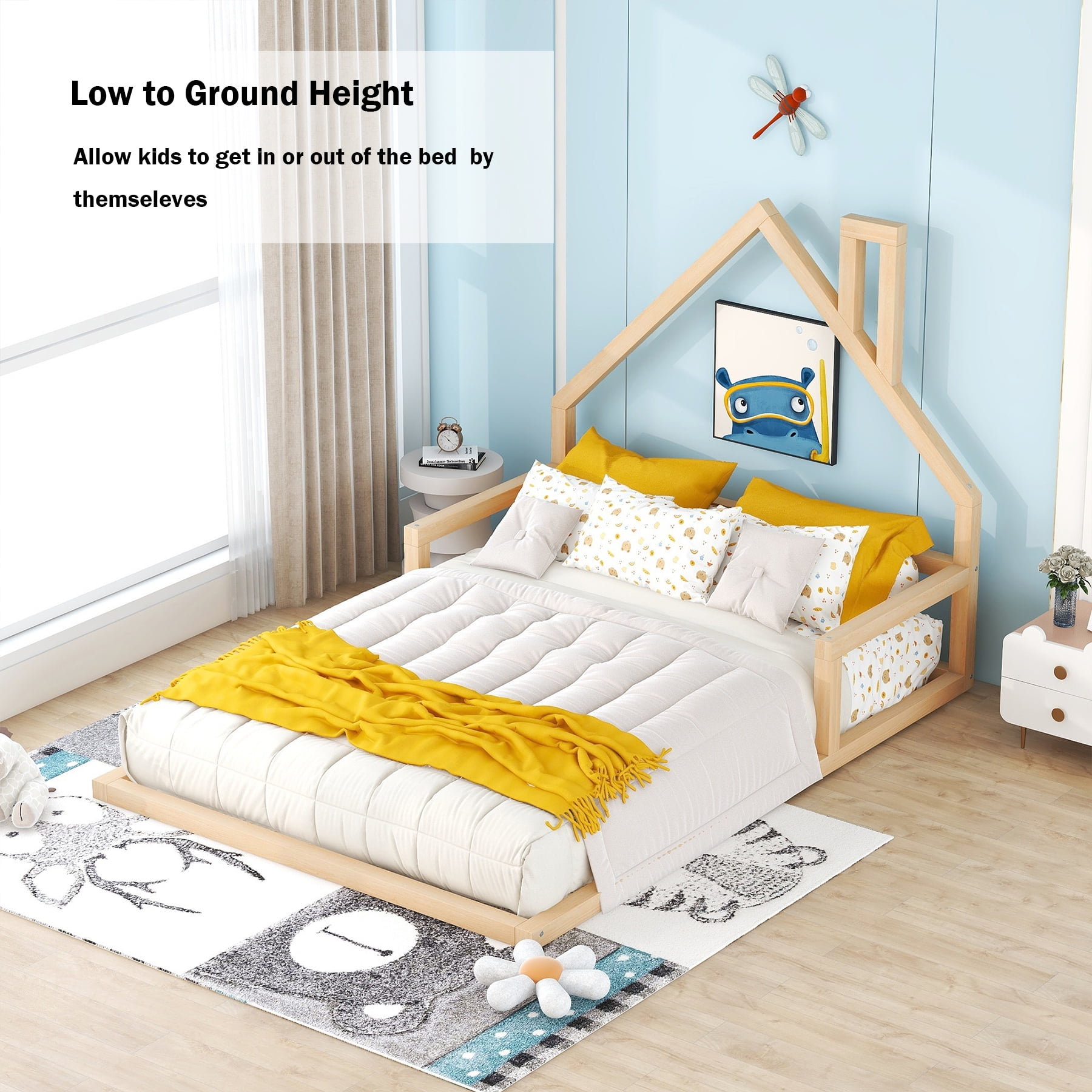 Bellemave Full Size Wood Floor Bed with House-shaped Headboard Montessori Floor Bed with Rails and Wooden Slats No Box Spring Needed, Natural