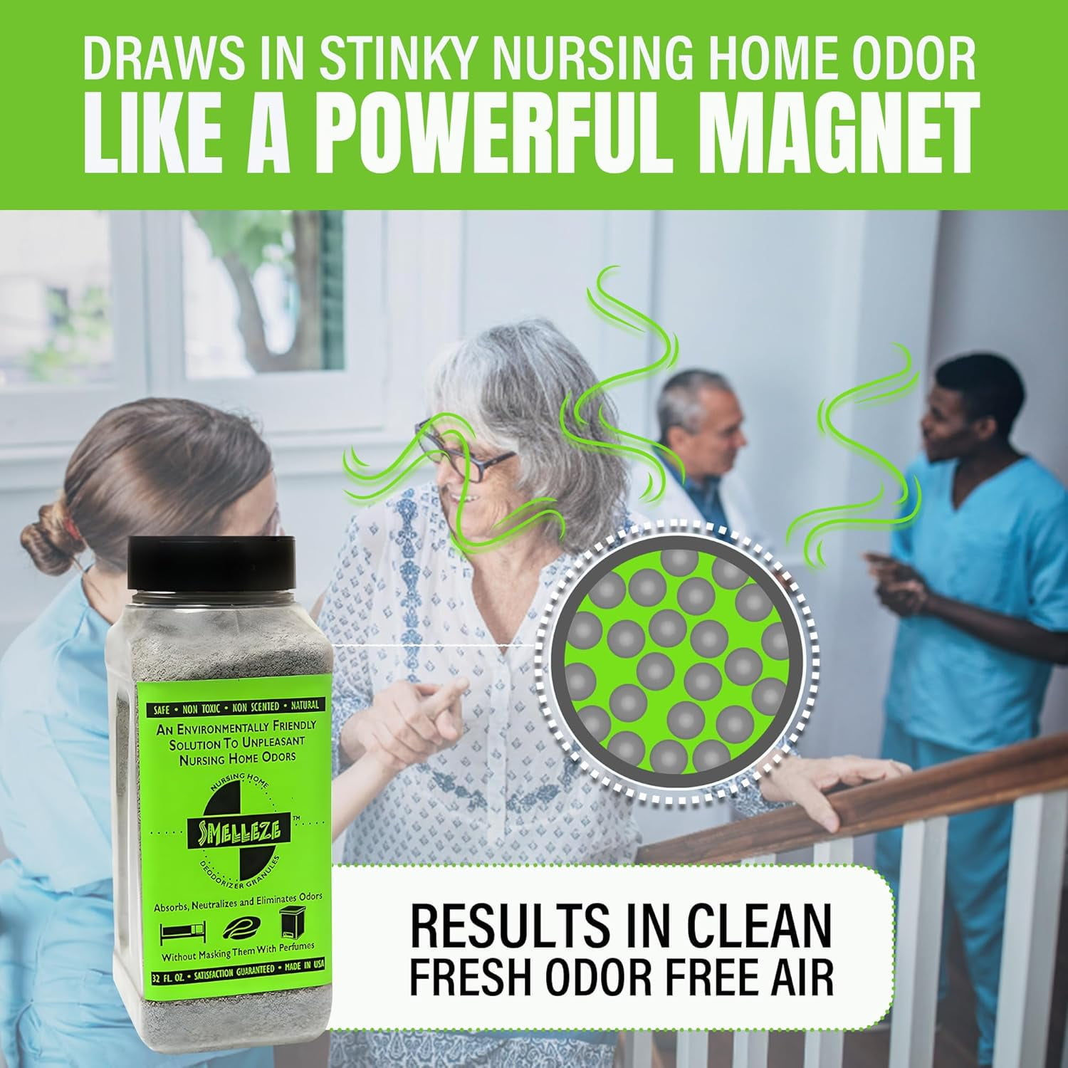 SMELLEZE Natural Elderly Odor Remover Deodorizer: 2 lb. Granules Destroy Sick Room Stench