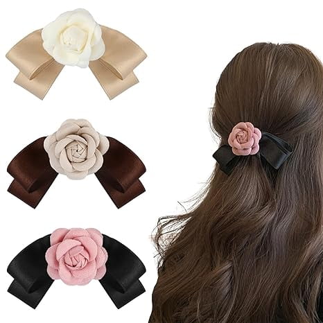 Yoyauz 3PCS Rose Bow Hair Clip Ladies Girls Floral Hair Clips, Rose Pink Black Bow Hair Clips Vintage Hair Clips Plastic Flower Hair Accessories