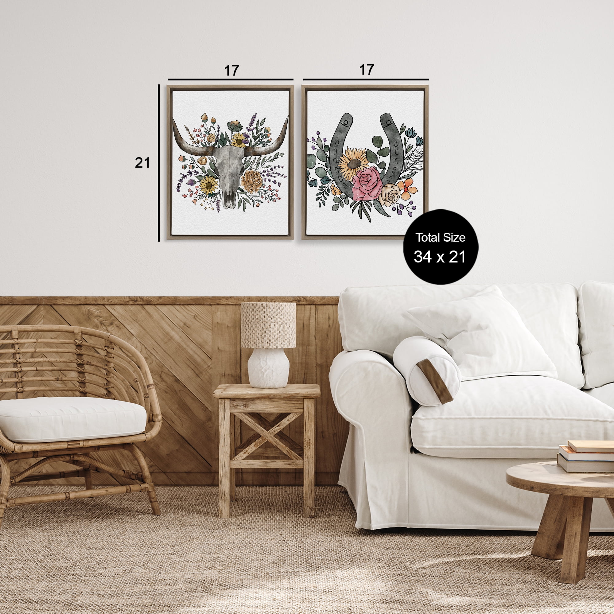 Stupell Industries Boho Longhorn & Horseshoe 2 Piece Brown Framed Floater Canvas Set, design by Alisha Kiara Design