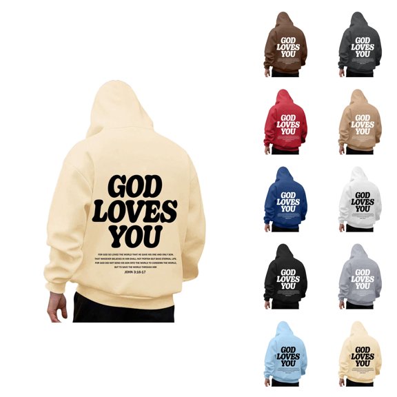 Christian Hoodies for Men Long Sleeve Loose Casual God Loves You Graphic Sweatshirts with Pockets Fall Winter Pullover Tops