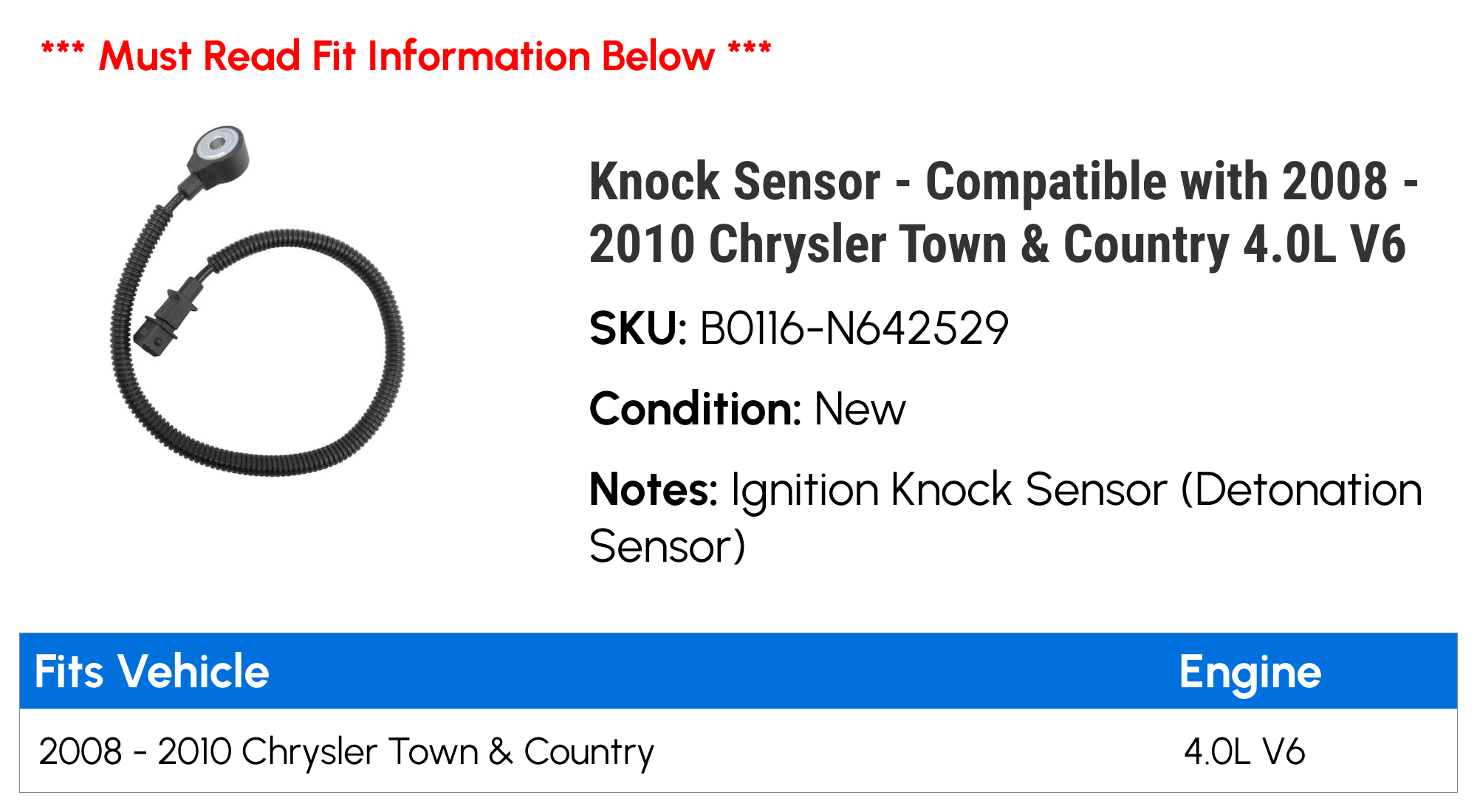 Knock Sensor - Compatible with 2008 - 2010 Chrysler Town & Country 4.0L V6 2009