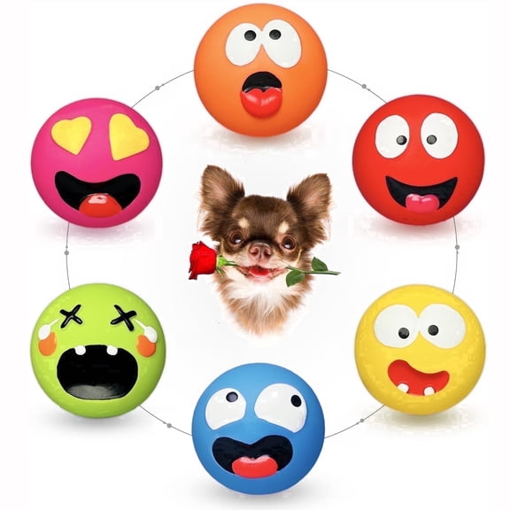 HOLYSTEED Latex Squeaky Dog Toys for Small Dogs, Rubber Soft Dog Balls Flat, Smile Face Fetch Puppy Toys with Squeaker 6pcs