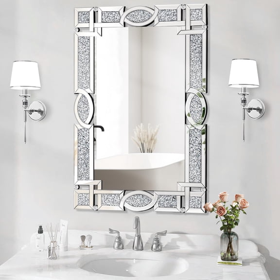 Crushed Diamond Mirrors for Wall Decor, 36''x24'' Rectangle Silver Decorative Bathroom Mirrors, Wall-Mounted Mirrors for Living Room, Dining Room, Entryway, Bedroom