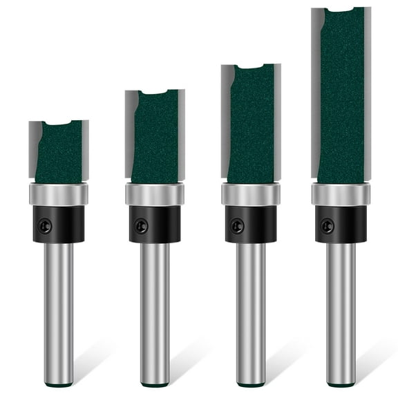 Flush Trim Router Bit Set 4 Pcs Straight Cut Router Bits 1/4 Inch Shank, Carbide Tipped Pattern Template Route Bit with Bottom Bearing, Woodworking Tools for Milling Trimming Home DIY (Green)