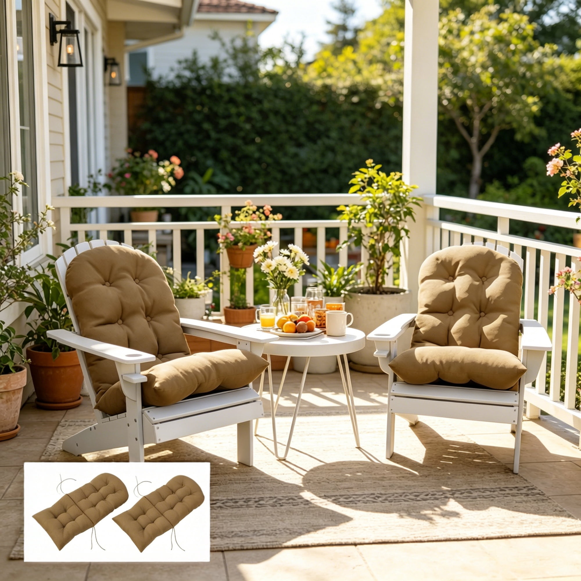 2 Pack Adirondack Chair Cushions Khaki 3.9 Inch Thick Seat & Back Cushion, Tufted UV Splash Resistant Polyester Patio Chair Pad with Secure Tie Straps
