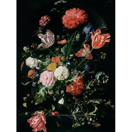 Dutch Flour - Flowers in a Glass Vase, C.1660 Dutch Baroque Dark Flower Floral Painting Print Wall Art By Jan Davidsz. de Heem