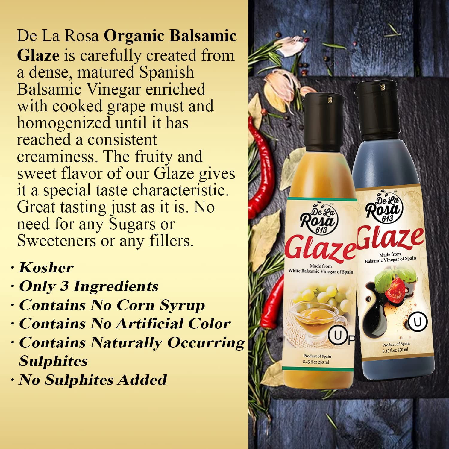 De La Rosa 613 Dark & White Balsamic Glaze, Vegan, Kosher, and Gluten-Free liquid 8.45oz(Combo)
