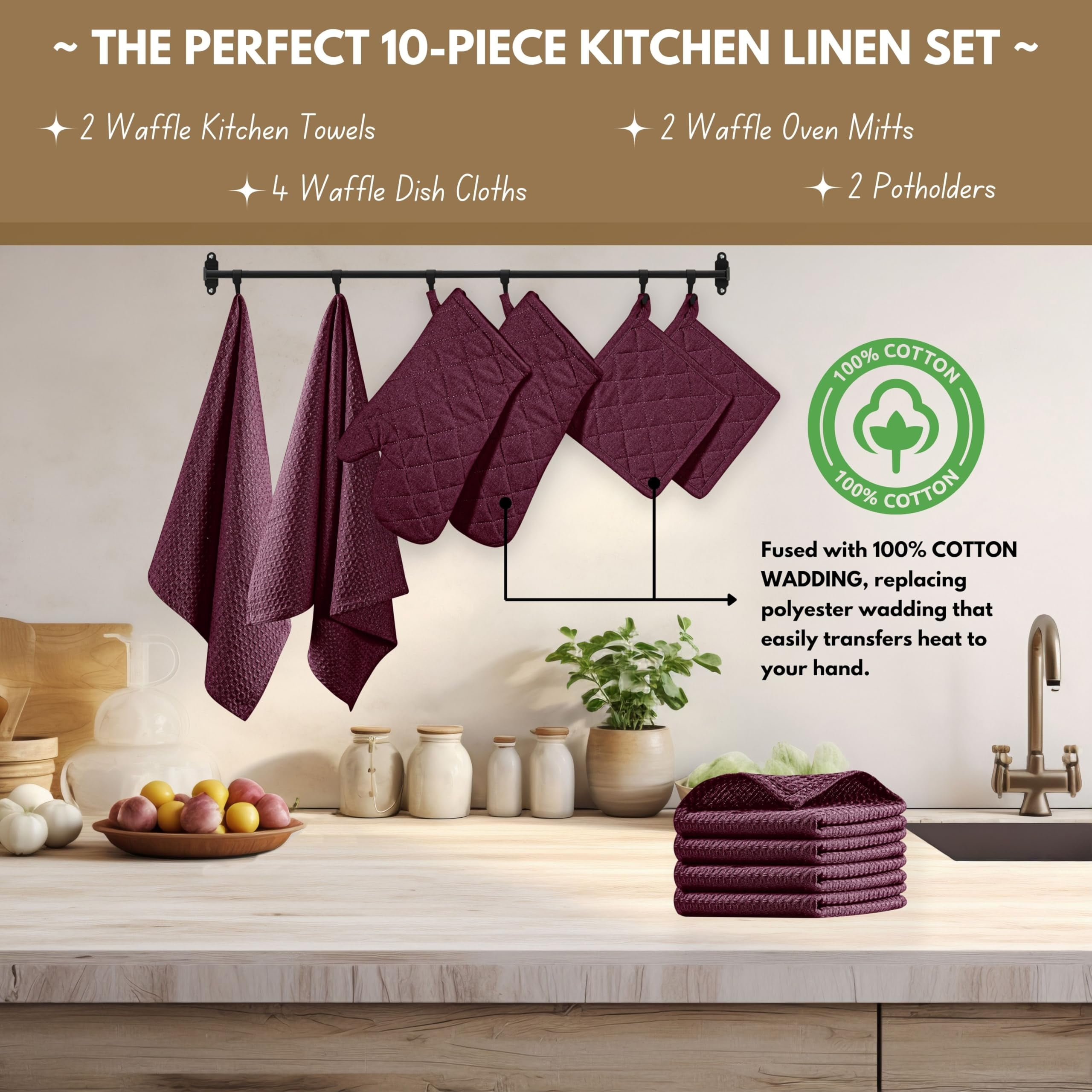 Native Fab 10-Piece Kitchen Set – Features Oven Mitts, Potholders, Kitchen Towels & Dishcloths, Heat Resistant, Durable Cotton, Perfect for Cooking, Baking, and Everyday Kitchen Tasks - Burgundy Wine