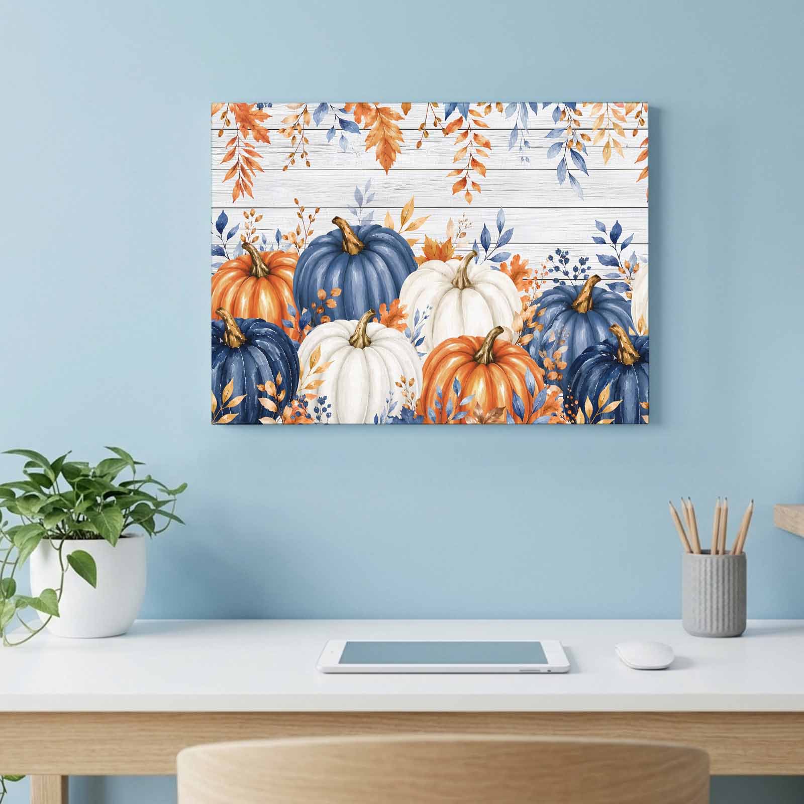 Thanksgiving Canvas Wall Art Country Orange Blue White Pumpkin Leaf Berry Wood Grain Wall Art Prints Artwork Framed Canvas Ready to Hang Art Pictures for Living Dining Room Bedroom Hallway 24 x 18