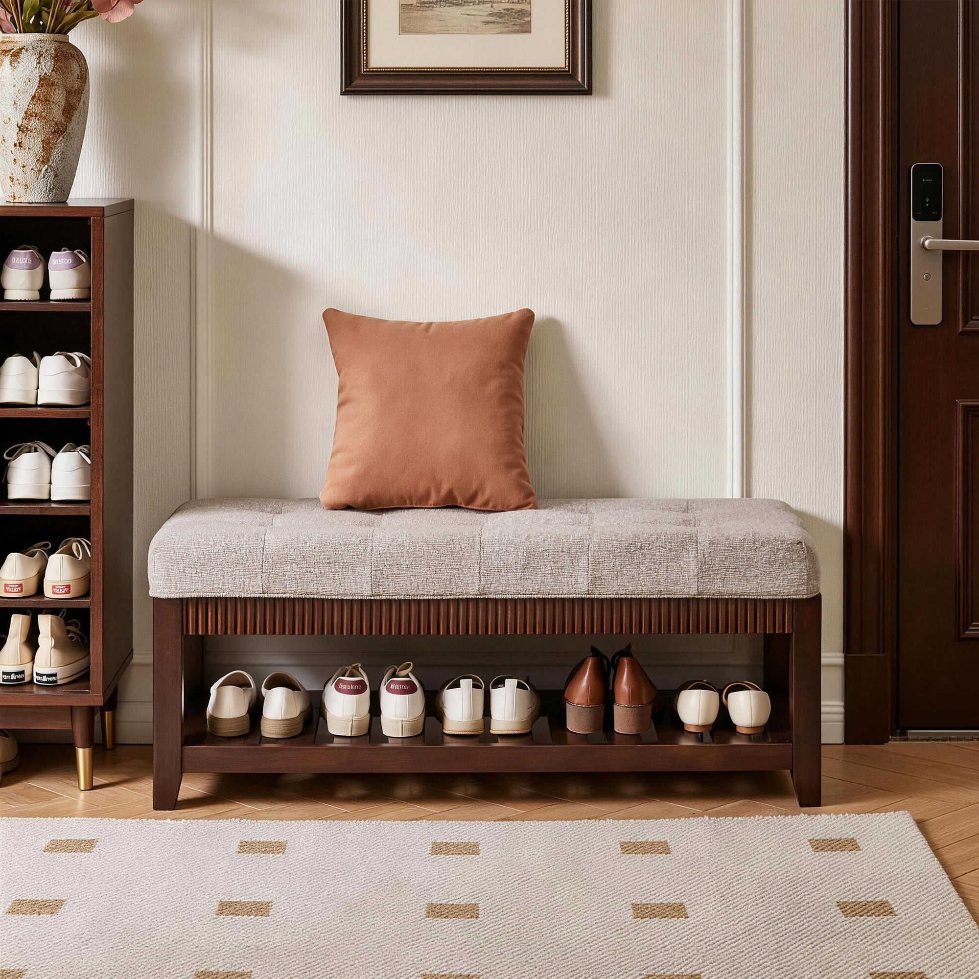 Solid Rubber Wood Entryway Bench with Padded Cushion and Shoe Rack, Ash Brown