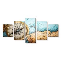 Elephant Stock Metal Compass Wall Art - Horizontal Multi Panel Canvas - Living Room Wall Decor - Nautical Multi Panel - Blue And Gold Decor - 29" x 12"