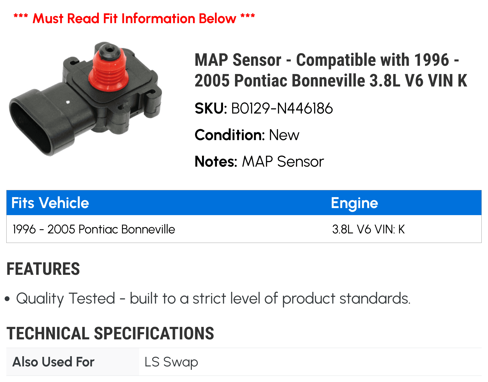 MAP Sensor - Compatible with 1996 - 2005 Pontiac Bonneville 3.8L V6 VIN K 1997 1998 1999 2000 2001 2002 2003 2004