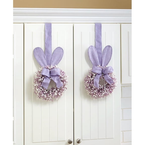 JEWLALO 9" Purple Easter Bunny Wreath with Burlap Ribbon, Set of 2, Spring Floral Easter Wreaths for Kitchen Cabinets, Windows, and Walls, Spring Easter Decors
