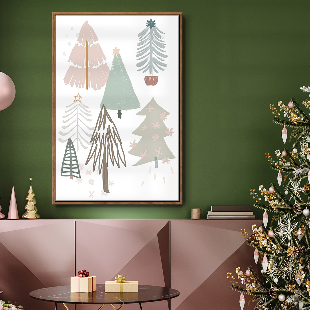Christmas Tree Sketchbook Collection B - Framed Gallery Wrapped Holiday Canvas - 17 x 25 - Rosewood Frame