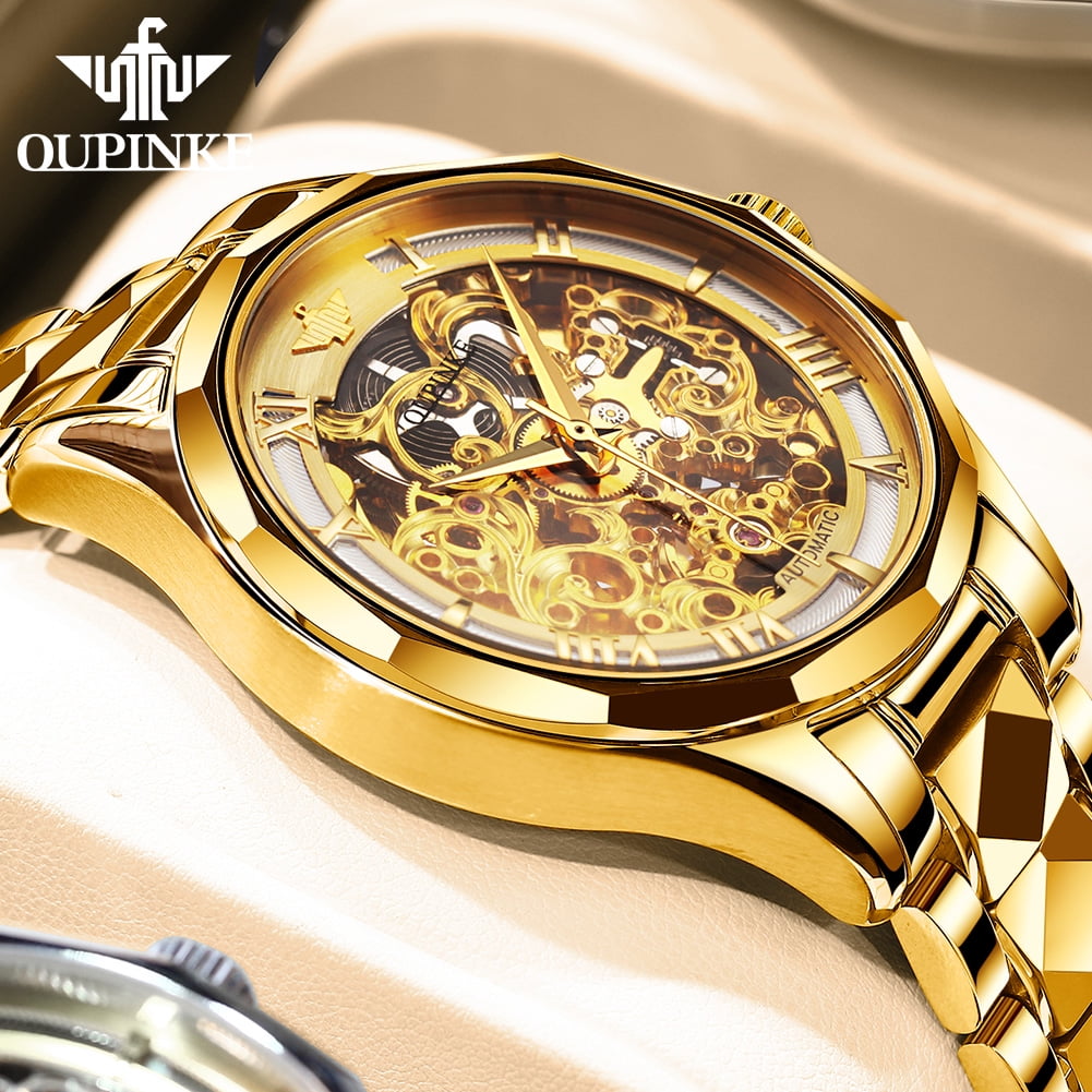 OUPINKE Gold Watches for Mens Automatic Mechanical Skeleton Watch Self  Winding Luxury Dress Fashion Tungsten Steel Mens Watch Waterproof Reloj  Dorado Para Hombre, Gift for Men 