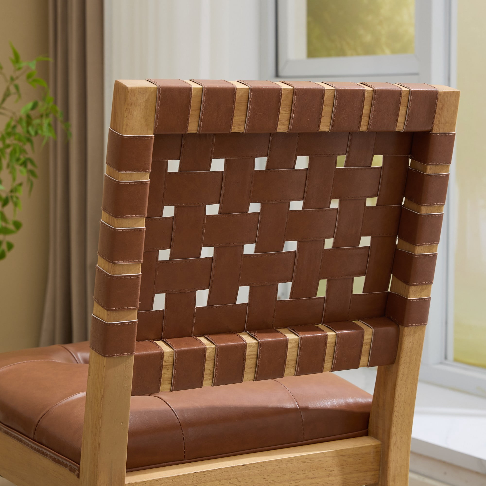 2-Piece Woven Backrest Dining Chairs, Mid‑Century Modern Armless Kitchen Chairs, PU Leather Upholstered Seat Accent Side Chair