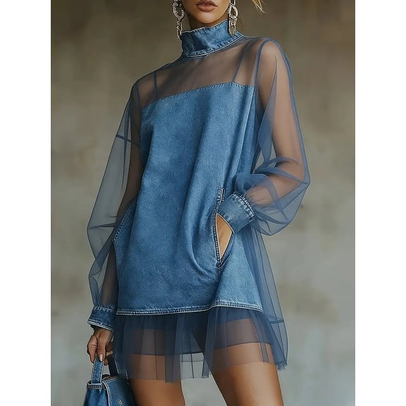 Women’s Blue Denim and Tulle Mini Dress High Neck Lantern Sleeve Casual Dress with Vintage Wash Denim Overlay Contrast Stitching and Hidden Pockets