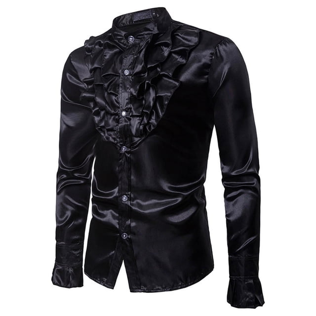 Men's Dress Shirts ,Vintage Long Sleeve Ruffle Stand Collar Slim Fit Button Down Work Blouse