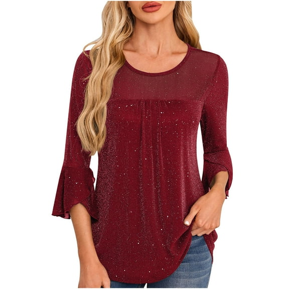 Ltctricy Women's Sequin Tops 3/4 Length Bell Sleeve Crew Neck Pleated Front Sparkly Glitter Mesh Tunic Tops Dressy Casual Blouses(Red,X-Large)
