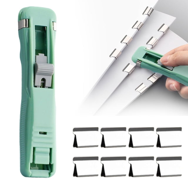 Portable Clip Stapler One Slide Quick Binding Tool No No Holes Reusable Stainless Clips One Hand OperationforHome Classroom, Mini One Hand Stapler, 8 Pack Stainless Steel Binder Clips