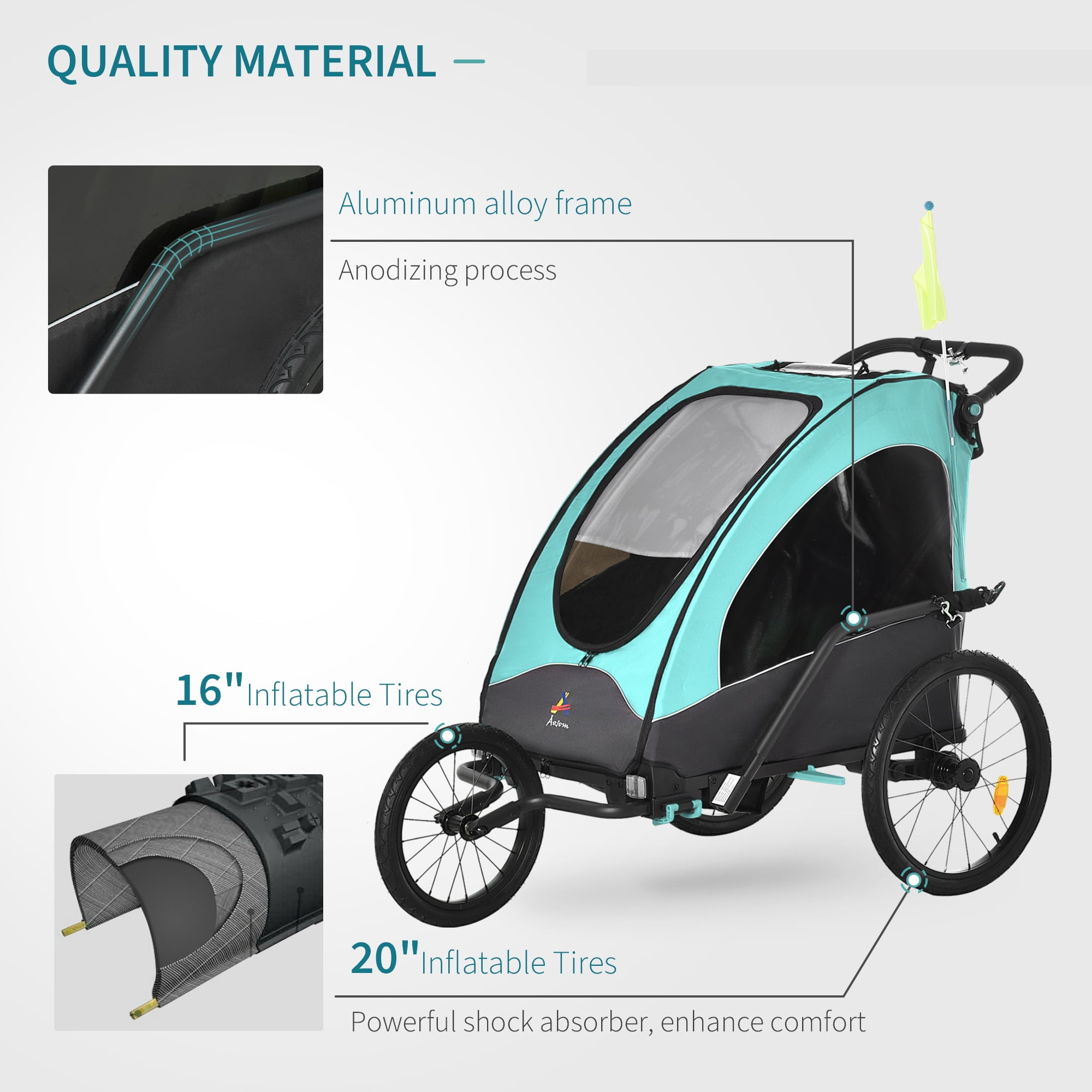Foldable Bike Trailer NUEVEN 2-in-1 Double 2 Seat Bicycle Bike Trailer Jogger Strollerwith Handle Bar and Wheels Bike Hitch Safety Flag 20 Inch Wheel Size 