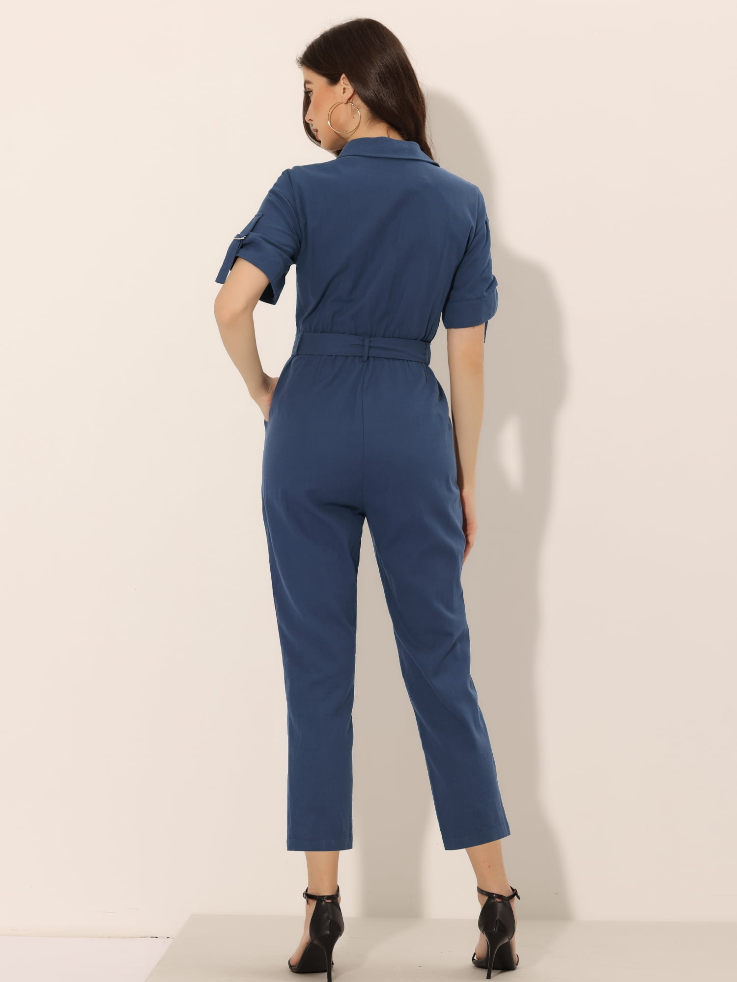 DARING DIVA Women's Button Up Tie Waist Jumpsuit with Pockets XS Dark Blue