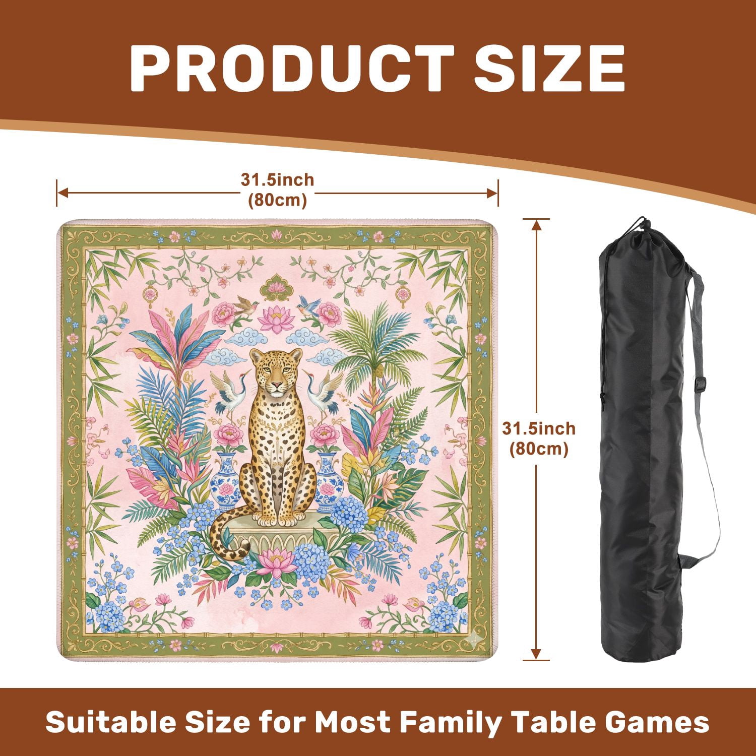 Mahjong Mat 31.5" x 31.5" Ornate Leopard Tropical Foliage Cranes Birds Floral Pink Green Non-Slip Noise Reduction American Mahjong Tiles Table Cover for Dominoes Poker Card Board Games Gift