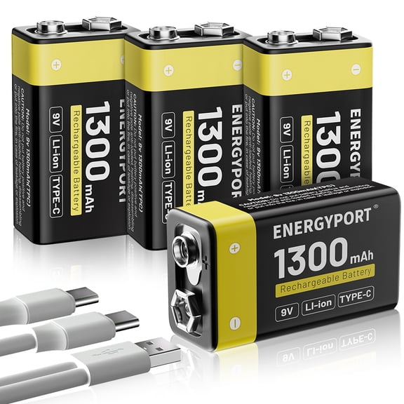 4-Pack Rechargeable 9V Batteries for Smoke Alarms, 1300mAh 9 Volt Lithium-ion Long Lasting Power, USB-C Recharge with 2 in 1 Charging Cable for Multimeters,Microphones,Walkie-Talkie,Toys