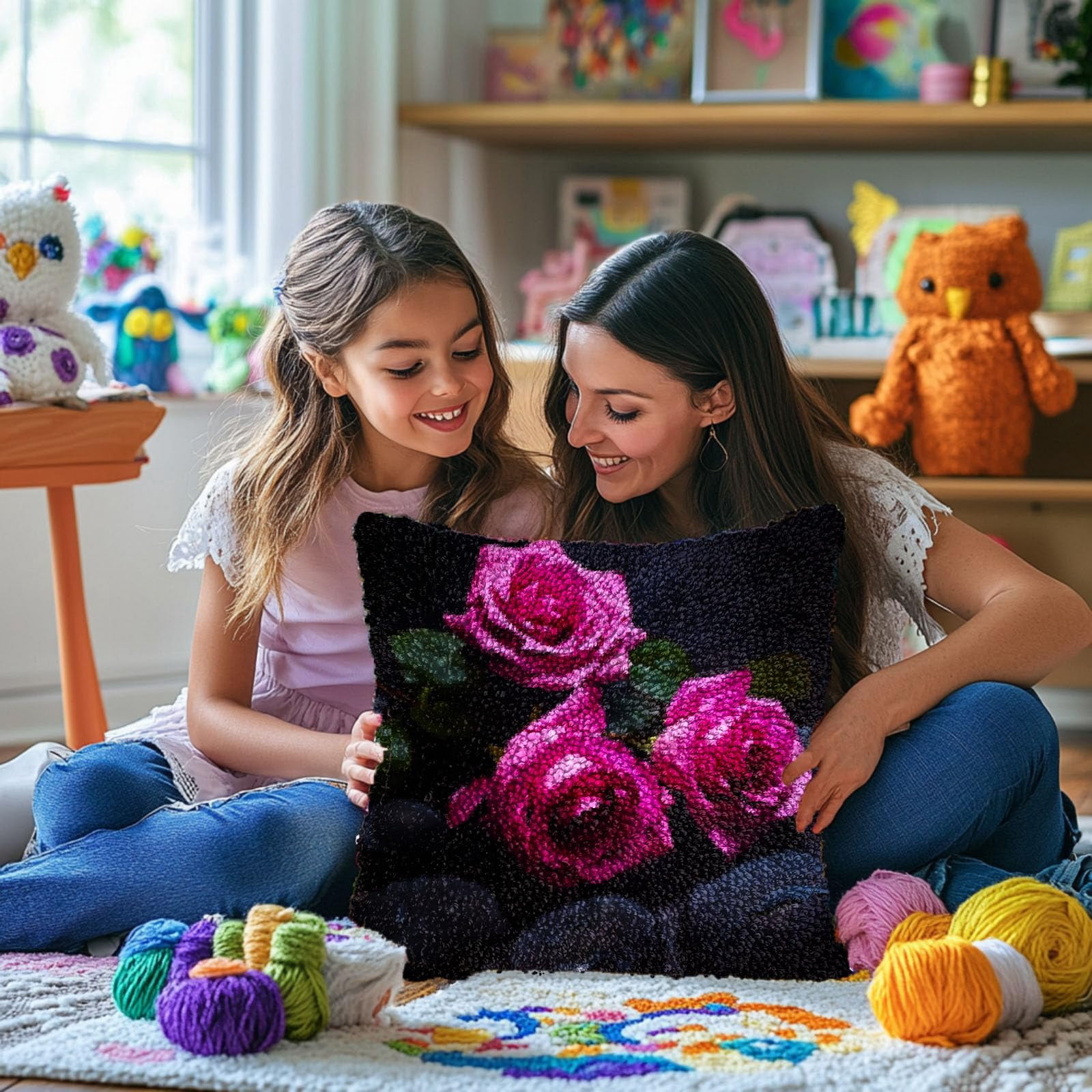 Rose and Black Stones DIY Latch Hook Pillow Kits for Adults Printed Pillowcase Crochet Yarns Hooking Handmade Pillow Cover Cushion for Home Sofa Decoration 17x17inch