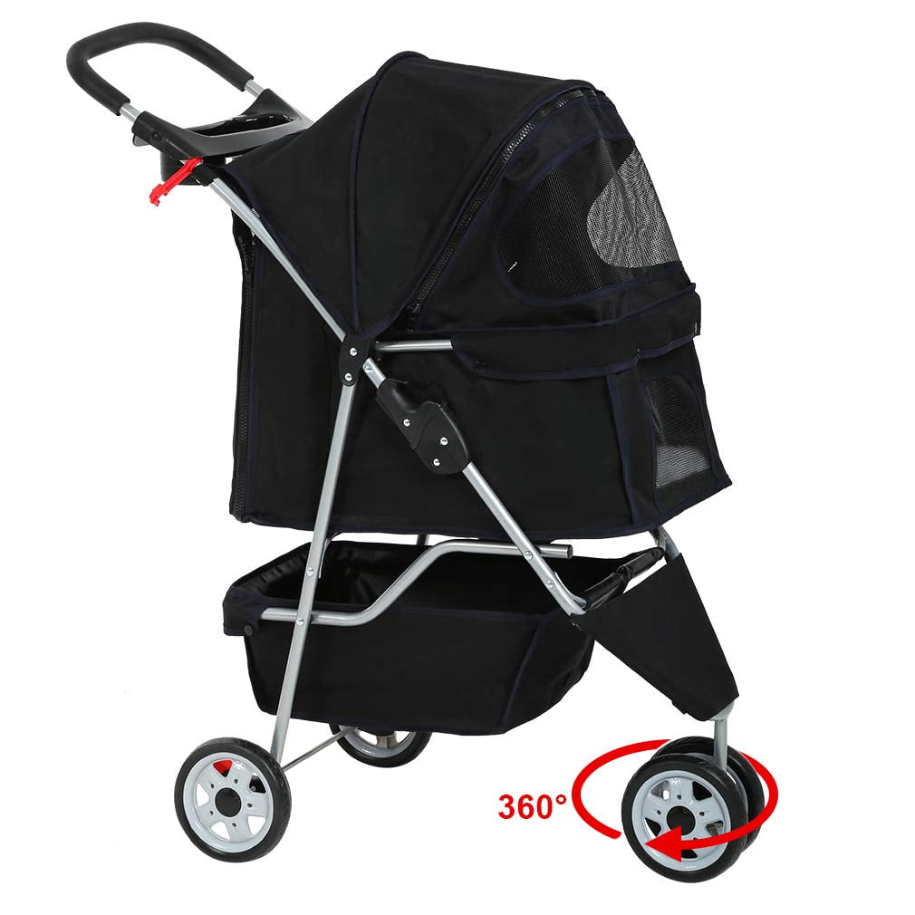 Dark Blue Pet Strollers for Small Medium Dogs & Cats 3-Wheel Dog Stroller Folding Flexible Easy to Carry for Jogger Jogging Walking Travel with Sun Shade Cup Holder Mesh Window
