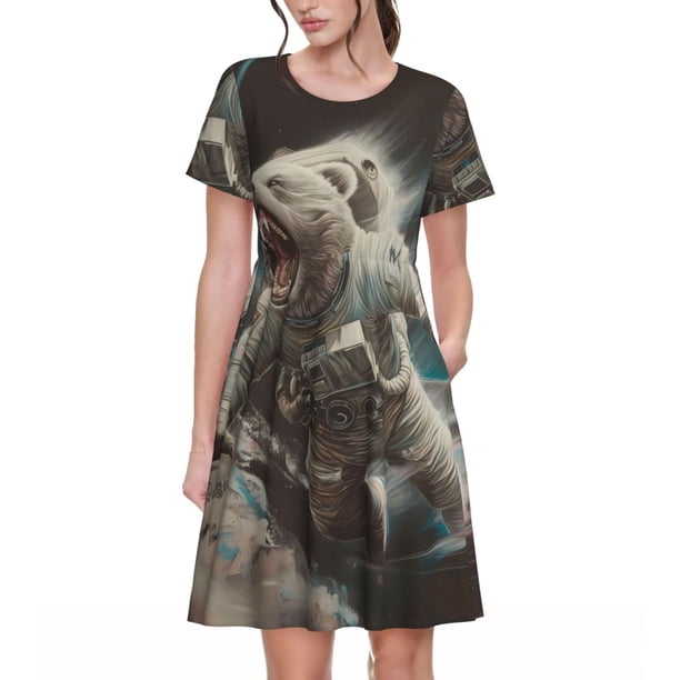 Balery Astronaut Polar Bear Roar Vestidos sueltos de manga corta para mujer, vestidos de verano 2025, vestidos casuales de corte A con vuelo.