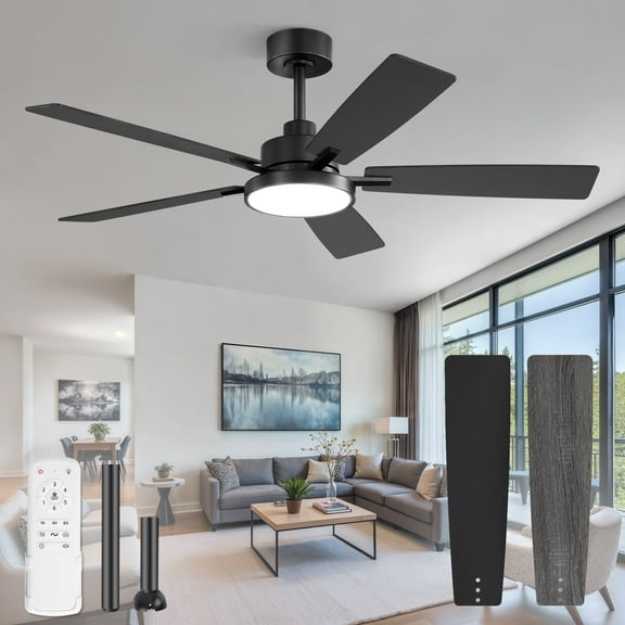 Zardon 52 inch Black Ceiling Fan with LED Light and Remote, Downrod 6-Speed and Quiet Reversible DC Motor for Bedroom, Living Room, Indoor