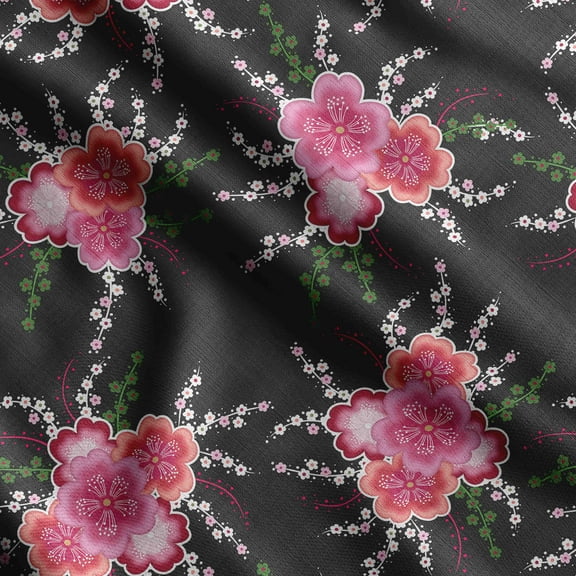 Soimoi Chinese Floral Print, Silk Fabric, Decor Sewing Fabric by The Yard 42 Inch Wide,Decorative Fabric for Shirts Suits Ties, Black