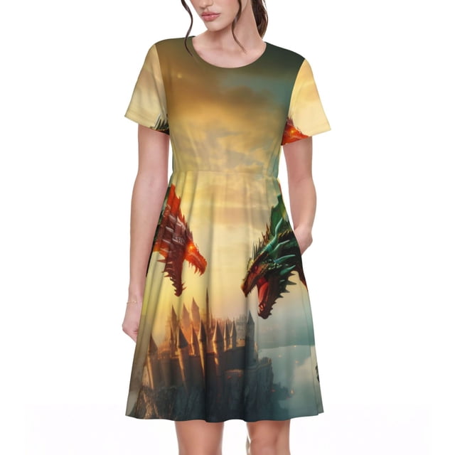 Disketp Castle Red Green Sky Dragon para Vestido de Manga Corta para Mujeres, Vestidos de Verano para Mujeres, Casual y Holgado para la Playa