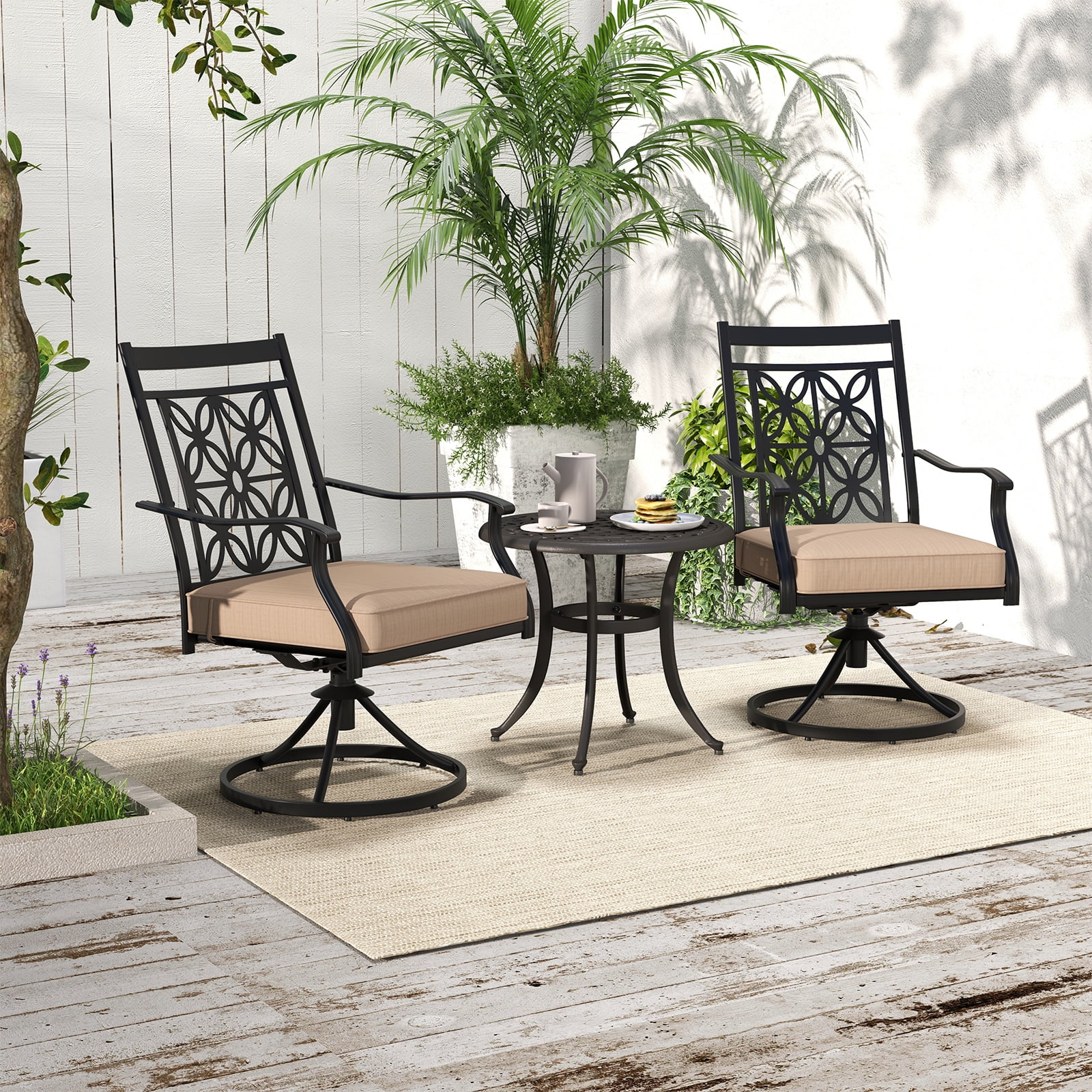 Gymax Patio Metal Swivel Chairs Set of 2 Fabric Bistro Rocker Chairs w/ Curved Armrests