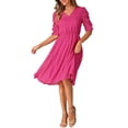 thumbnail image 2 of INSPIRE CHIC Women's Dress Chiffon Metallic Stars Ruched Sleeve V Neck A-line Dress L Hot Pink, 2 of 6