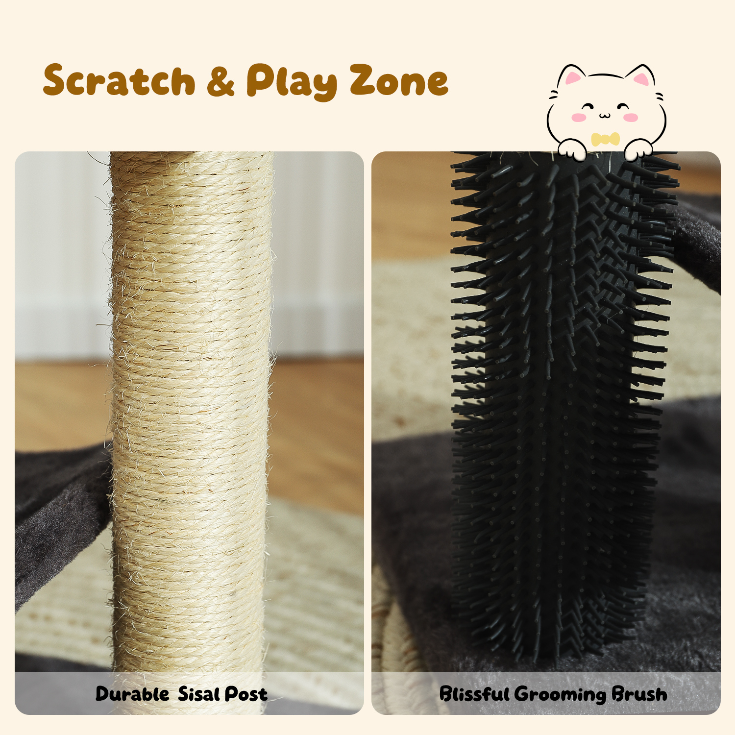 Hoopet 20" Cat Tree Tower, Scratching Post for Indoor Cats with Cozy Perch, Self Groomer & Interactive Ball,Smoky Grey