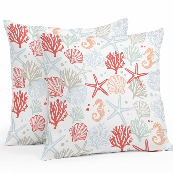Red Orange Coastal Throw Pillow Covers 24x24 Inch Set of 2, Summer Beach Coral Shell Ocean Waterproof Outdoor Pillow Covers, Decorative Cushion Pillowcases for Couch, Sofa, Bed, Garden, Patio