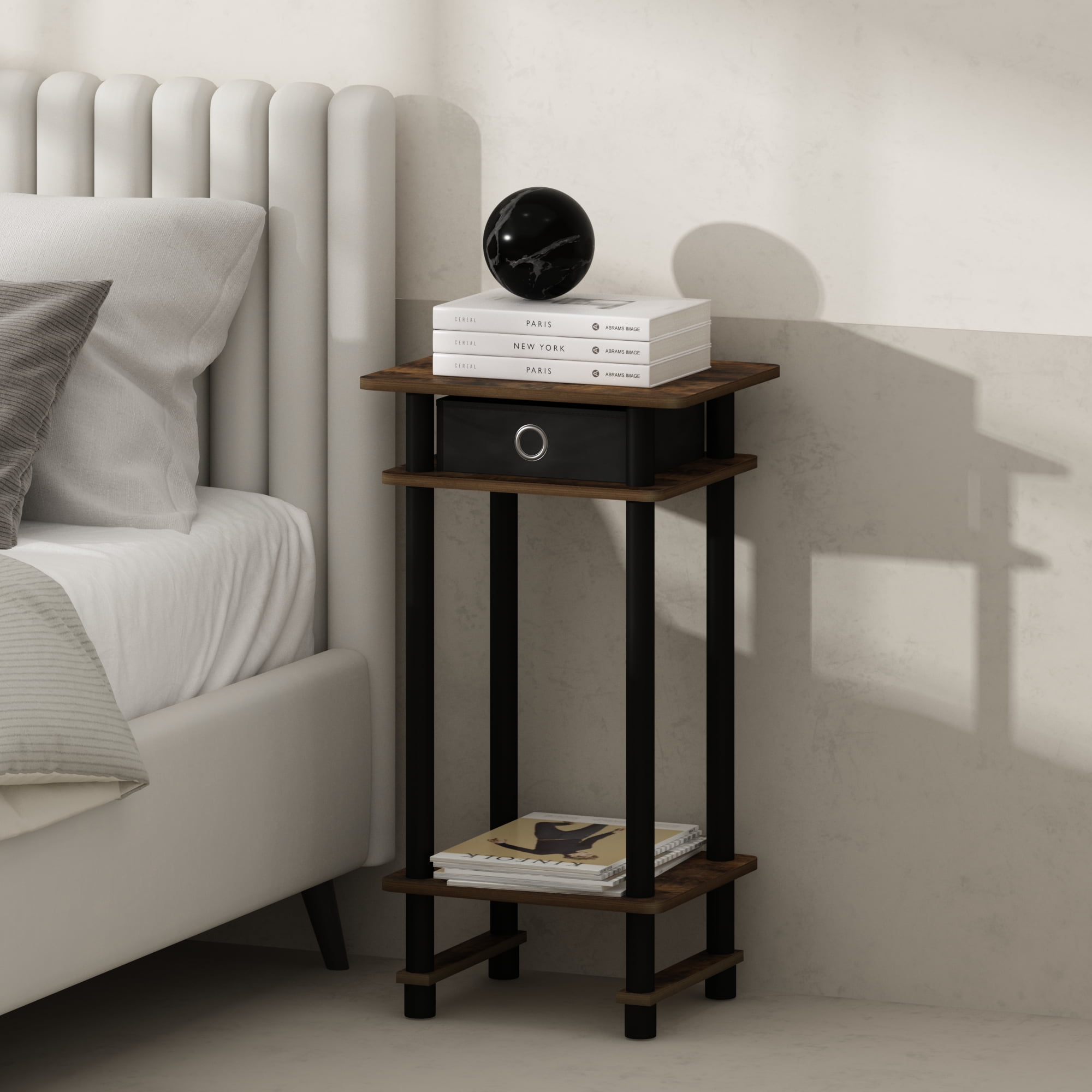 Furinno Turn-N-Tube Tall Nightstand with Bin, Amber Pine/Black/Black
