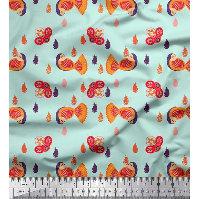 Soimoi Rayon Fabric Leaves & Bird Kids Fabric Prints by Yard 56 Inch Wide