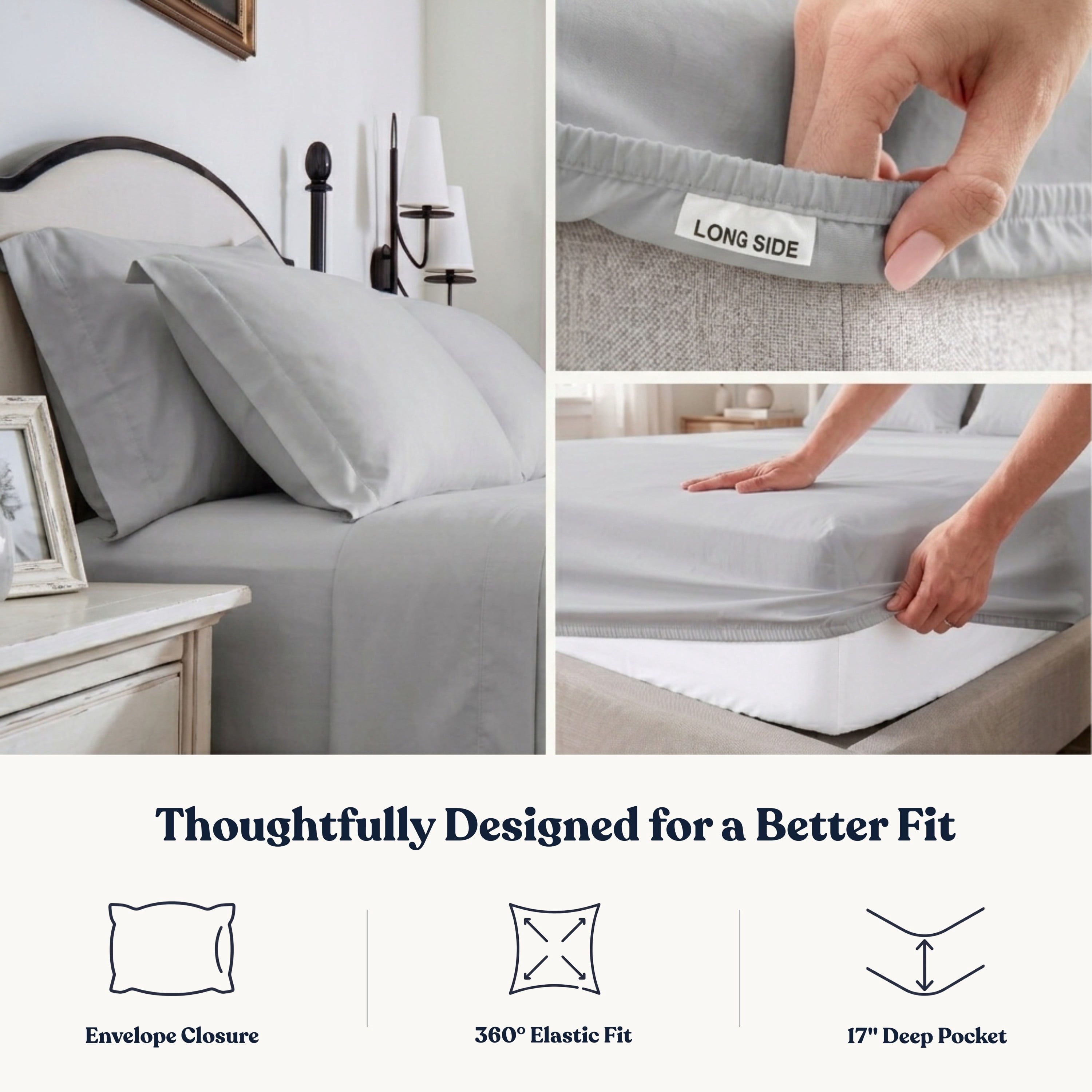 Delara Organic Cotton Percale King Fitted Sheet, 400 TC GOTS Certified, Soft Moisture-Wicking Breathable, Light Grey 78"x80" 17" Deep